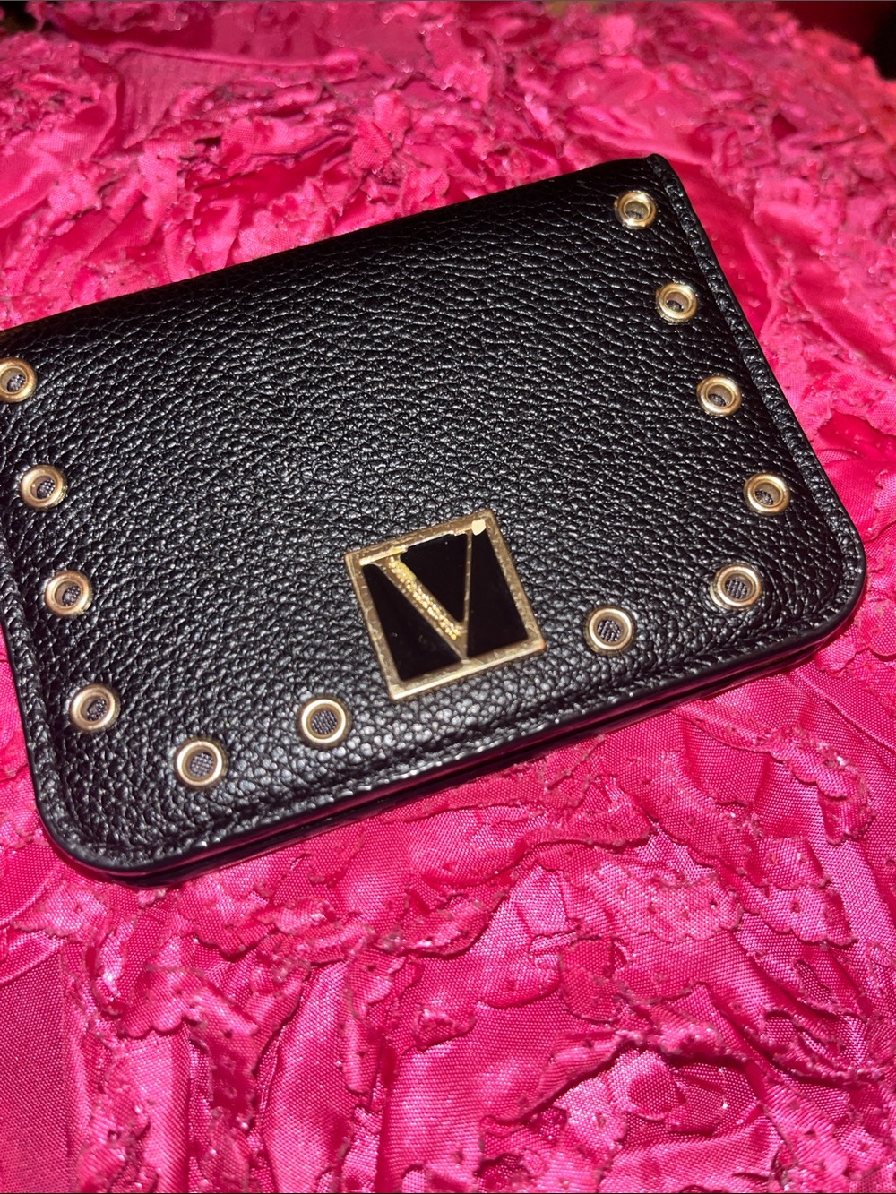 Victoria's Secret Black Pebbled Leather Wallet with Gold Eyelet Trim